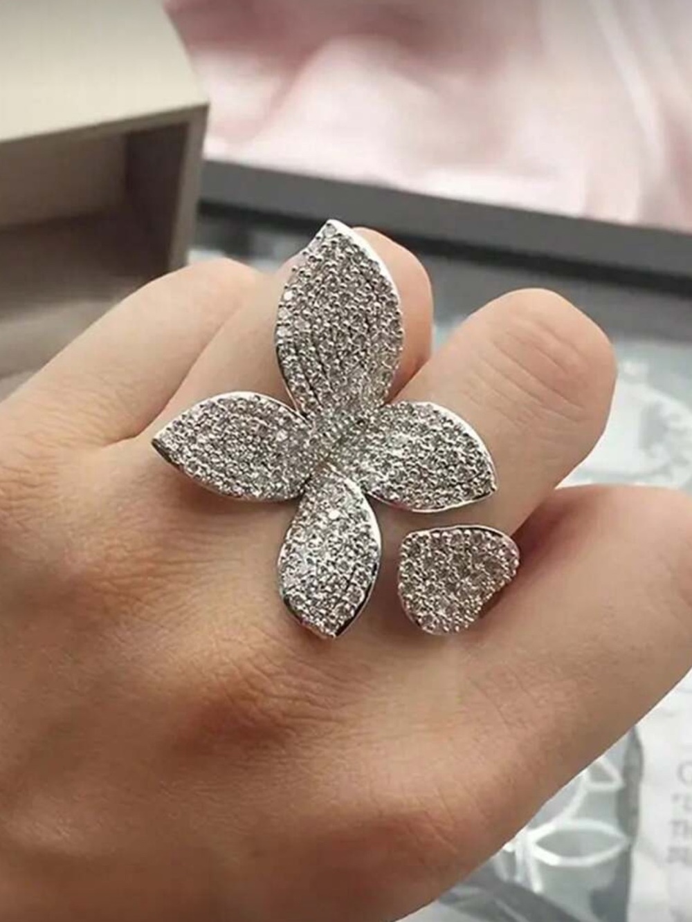 Silver Pave Four-Petal Floral Statement Ring